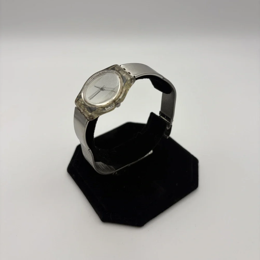 Womens Vintage Swatch Clear Case Watch Silver Mesh Band - needs battery